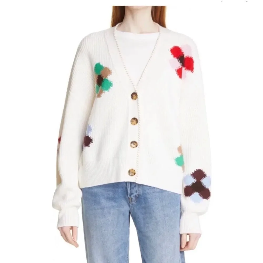 La Ligne Intarsia Wool Button Flower Knit Cardigan Small